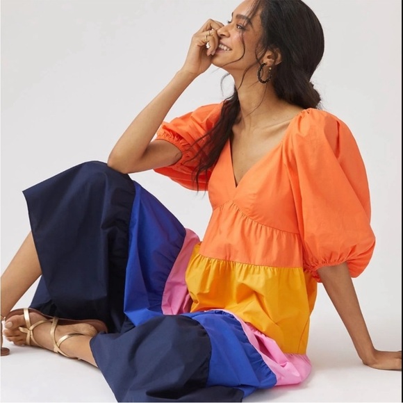 NWOT Anthropologie Farm Rio Puff Sleeve Ruffle Tiered Colorblock Maxi Dress XS - Picture 2 of 10